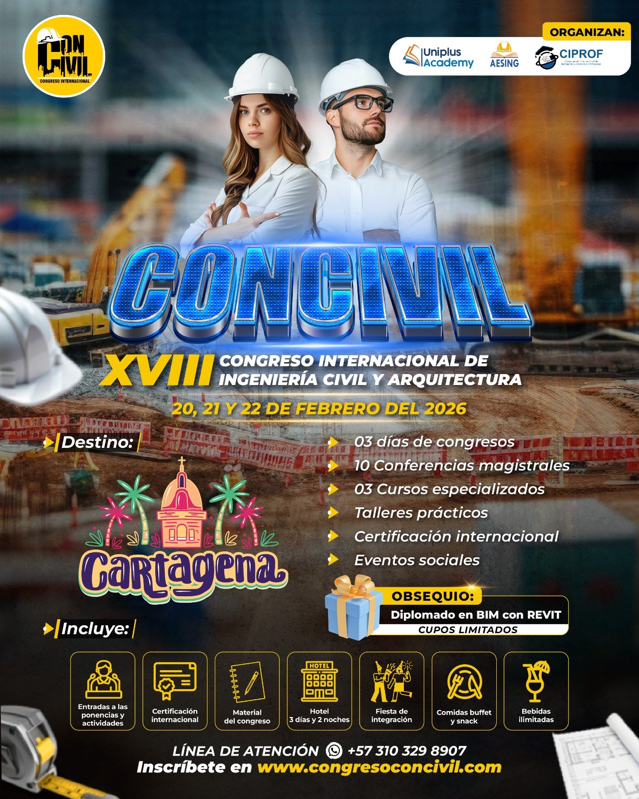 Flayer informativo del congreso CONCIVIL 18 versión que se llevara a cabo en Cartagena de Indias los días 20, 21 y 22 de febrero del año 2026